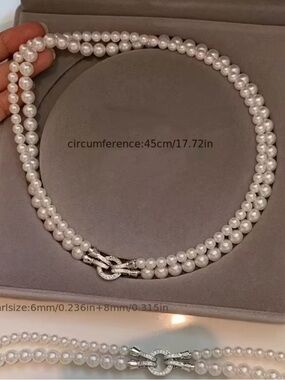 Classic Double-Strand White Pearl Beaded Necklace with Silver Clasp